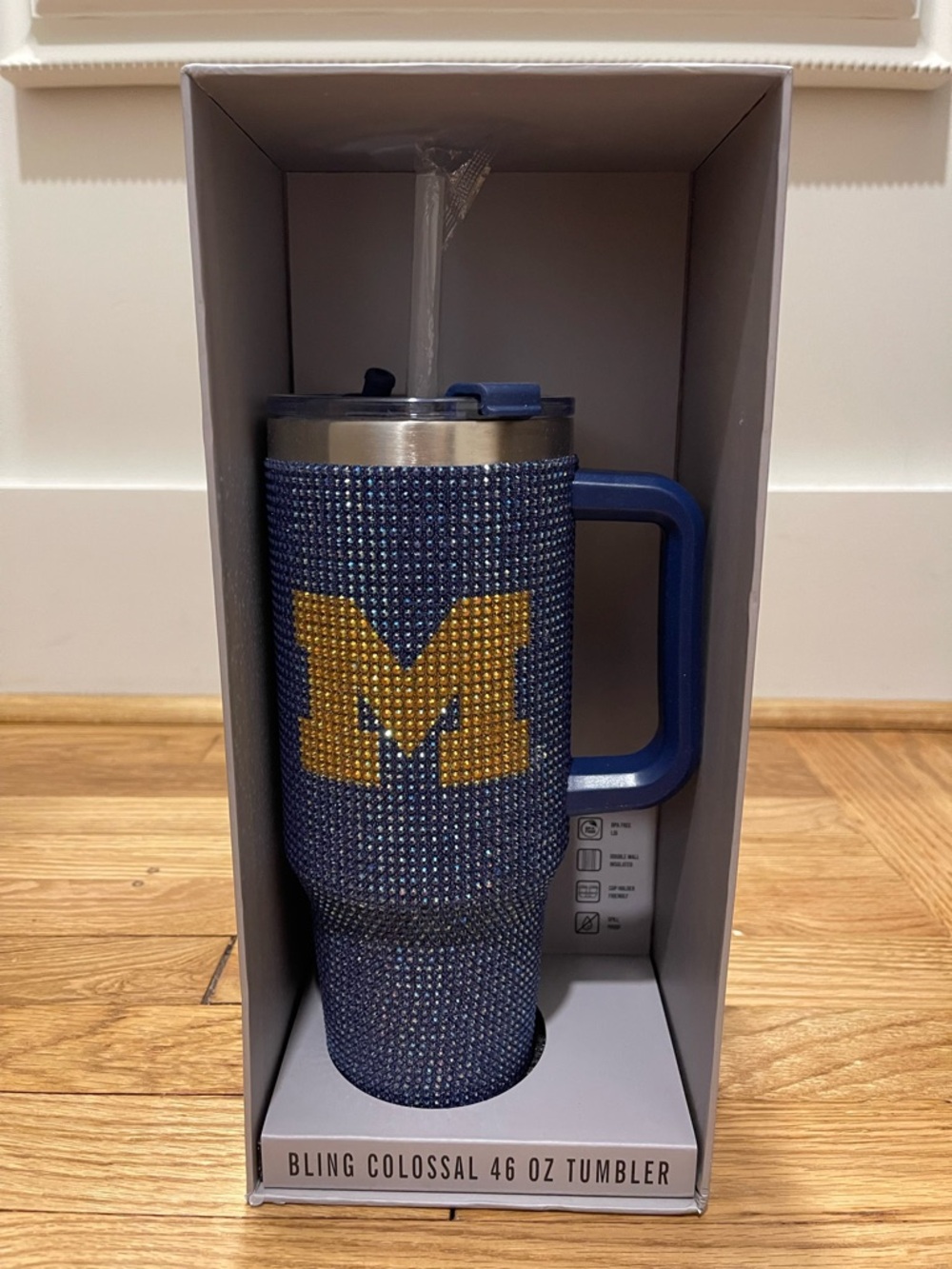 University of Michigan Blue & Gold Rhinestone Insulated Tumbler with Handle
